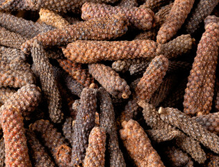 Dried long peppercorns creating food texture background