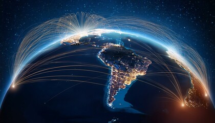 this visual illustrates a world map with illuminated pathways connecting major cities in latin ameri