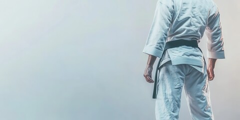 A focused martial artist in a white gi prepares for practice, embodying strength and dedication in a serene environment.