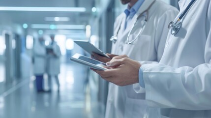Poster - Two doctors are holding tablets in a hospital hallway