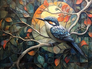 Poster - Kingfisher in the Forest: A Detailed Painting of a Bird Among Leaves