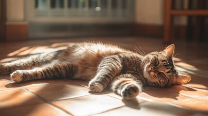 A fat cat sprawled out on a tiled floor, cooling off and looking utterly relaxed on a hot day.