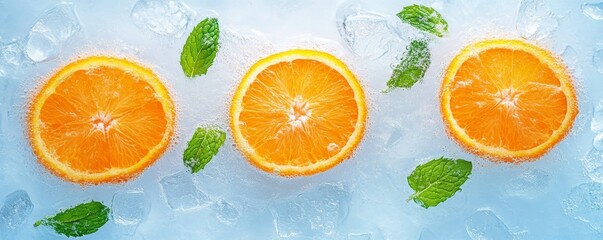 Wall Mural - Orange slices and mint leaves submerged in sparkling water with ice cubes