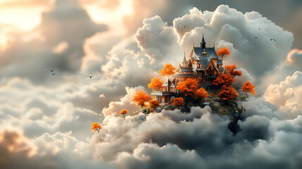 Poster - Fantasy House Floating in the Clouds with Autumn Trees