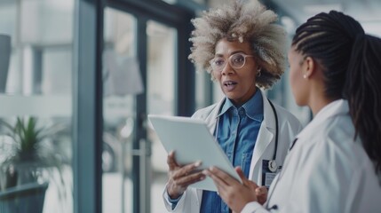 Poster - Two women in white lab coats are talking to each other while holding a tablet