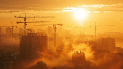 Poster - A city skyline with a large sun in the sky