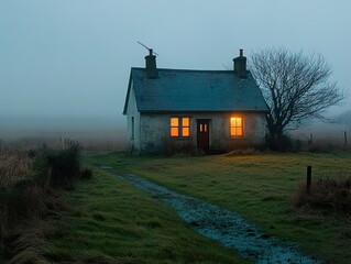 Wall Mural - Lonely Cottage in the Mist: A Serene Landscape