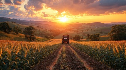 Canvas Print - Sunset over Cornfield with Tractor