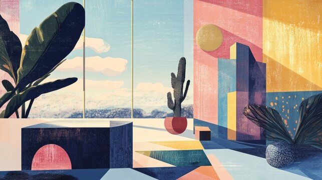 A 2025 New Year card featuring bold geometric shapes, placed near a clear window with an outdoor view.
