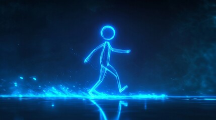 Poster - Blue neon figure walking on fire trail leaving digital footprint