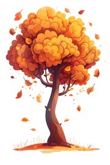 A playful fall tree with a round shape, featuring orange and brown leaves, cute cartoon style, isolated on white background