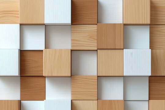 This is a three-dimensional rendering of a set of wooden cubes arranged in a square pattern, on a wall with ceramic tiles. 3D, tile wallpaper with wood and stock.