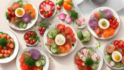 Wall Mural - Vibrant Vegetable Display on a Kitchen Table with Morning Sunrise in a Captivating Top View