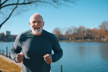 Elderly man is jogging in park.