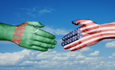 Wall Mural - USA and Turkmenistan country handshaking with flags, consensus concept international co-operation illustration