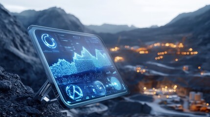 A digital holographic display floating above a mining site, showing real-time ore extraction data in neon blue