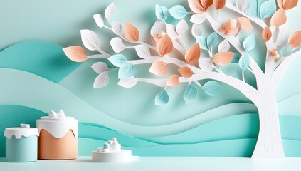 Wall Mural - Wallpaper with flowers on a light blue background, warm earth colors, and generative AI