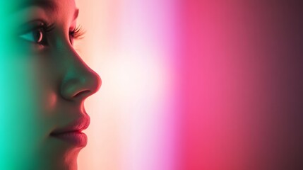 Poster - The profile of a woman softly illuminated by shifting shades of green and pink light creates an enchanting and dreamlike atmosphere. The delicate motion blur adds to the surreal quality