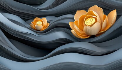 Poster - The wallpaper design features golden lotuses and natural elements.