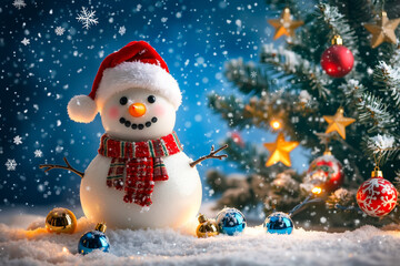 Sticker - A snowman wearing a santa hat and scarf standing in front of a Christmas tree