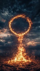 Wall Mural - ring of fire burning under a dramatic cloudy sky