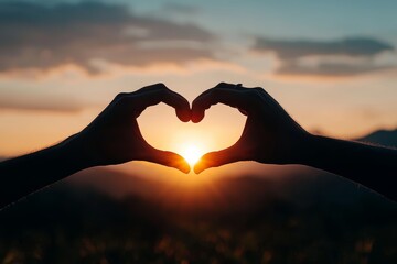 a couple making a heart with their hands, with the sunset glowing in the background, symbolizing a p