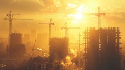 Poster - A city skyline with a large crane in the foreground