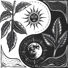 Wall Mural - Yin Yang black and white plant and sun design art