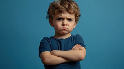 Frustrated young boy crossing arms against a blue background