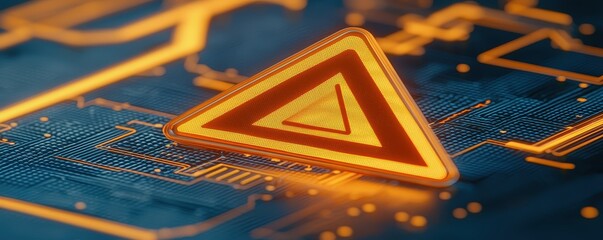 Poster - Caution Symbol with Glowing Triangle on Digital Background