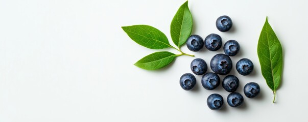 Wall Mural - Fresh blueberries and leaves lying on white background