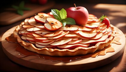 Wall Mural - Sunlit Baked Apple Pie on Wooden Chopping Block, Showcasing Generative AI Creativity