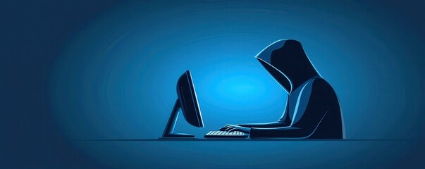 Poster - Digital Illustration of a Hooded Hacker Typing at a Computer