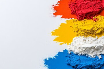Poster - White background with stripes of rainbow-coloured sand and copyspace