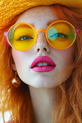 Wall Mural - A woman with bright orange hair wearing a straw hat and sunglasses