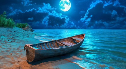 Aufkleber - Coastal boating wallpaper with a dreamy look of a boat on a beach at night. Stock image.