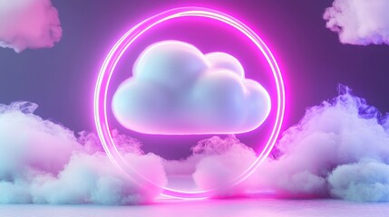 Aufkleber - 3D render of a glowing geometric shape and a round frame on a dark night sky with neon light ring. Abstract cloud illuminated with neon light ring.