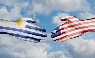 Liberia and Uruguay country handshaking with flags, consensus concept international co-operation illustration