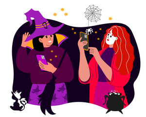 Halloween Costume. Girls Taking Photo on Phone in Halloween Costume. Witch costume. Scary White Mask and bloody robe Costume. Vector illustration