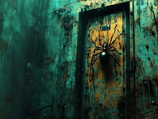 Sticker - Creepy Spider on Rusty Door - Dark and Eerie Digital Art