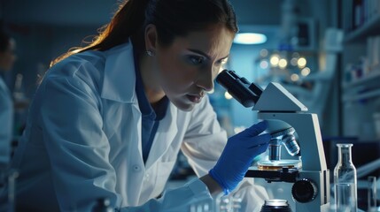 Poster - A woman in a lab coat is looking through a microscope