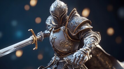 Game character figure with detailed armor and weapon in battle stance