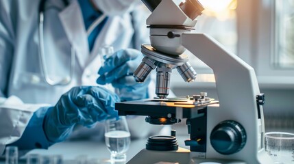 Poster - A scientist is using a microscope to examine a sample