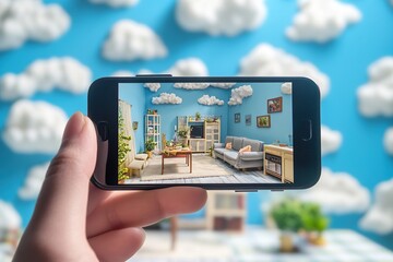 A person is holding an Phone with the camera facing upwards, inside of which is depicted a miniature mode