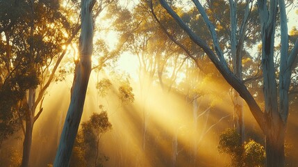 Poster - Ethereal Light Through Forest Trees at Dawn