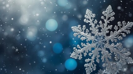 Poster - Delicate, intricate snowflake against blurred, snowy background with soft blue tones and bokeh lights
