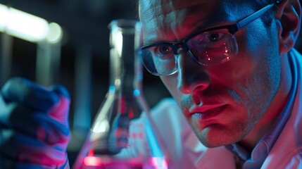 Poster - A man in a lab coat is holding a beaker with a liquid in it