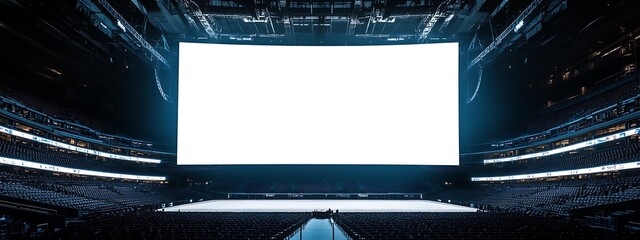 A massive, blank LED screen located in a sports stadium, with empty bleachers and a wide-angle view, creating a dramatic backdrop for high-impact advertising or event information.