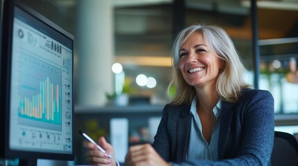 Poster - A cheerful woman in a business-casual outfit sits at her desk, holding a stylus while analyzing data charts on a large digital screen, enjoying her work environment