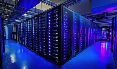 Poster - A large server room with rows of high-end supercomputers, with blue lighting and a dark background